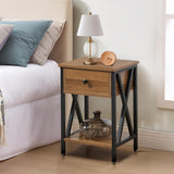 VECELO Nightstands Set of 2, Modern Bedside End Tables, Night Stands with Drawer and Storage Shelf for Living Room Bedroom, Industrial Metal Frame, Walnut Brown VECELO