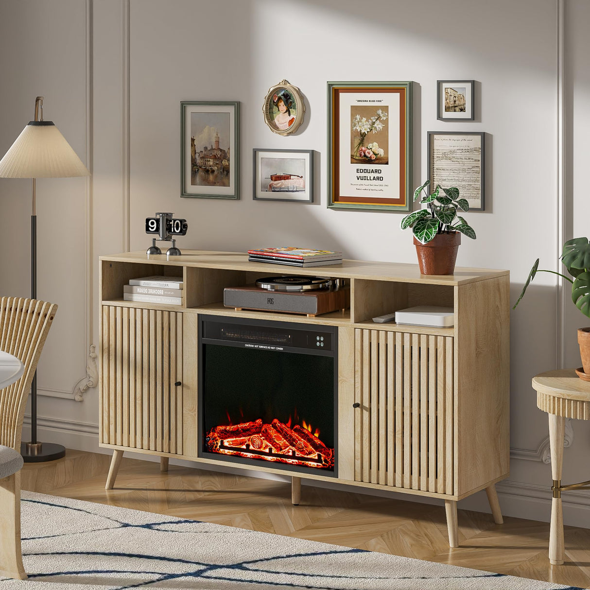 Oubayajia Fireplace TV Stand for Television up to 65 Inch with 23" Electric Fireplace, Fluted TV Stand, Modern Media Console Table with Adjustable Shelves, Entertainment Center for Living Room Oubayajia