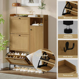 IDEALHOUSE Rattan Shoe Cabinet, Shoe Cabinets with 3 Flip Drawers, Free Standing Narrow Shoe Storage Organizer with Adjustable Shelves, Shoe Rack Cabinet for Entryway, Fence On Top, Natural IDEALHOUSE