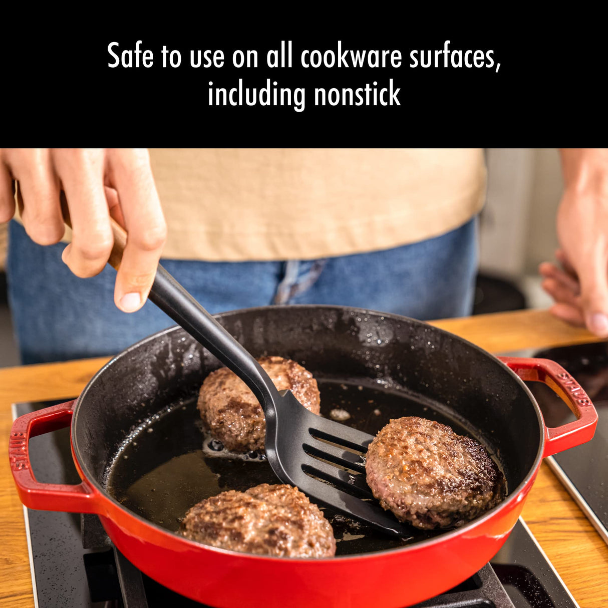 STAUB Silicone Spatula Turner, Perfectly Angled for Lifting Pancakes, Sandwiches and Picking up Veggies Durable BPA-Free Matte Black Silicone, Acacia Wood Handles, Safe for Nonstick Cooking Surfaces STAUB