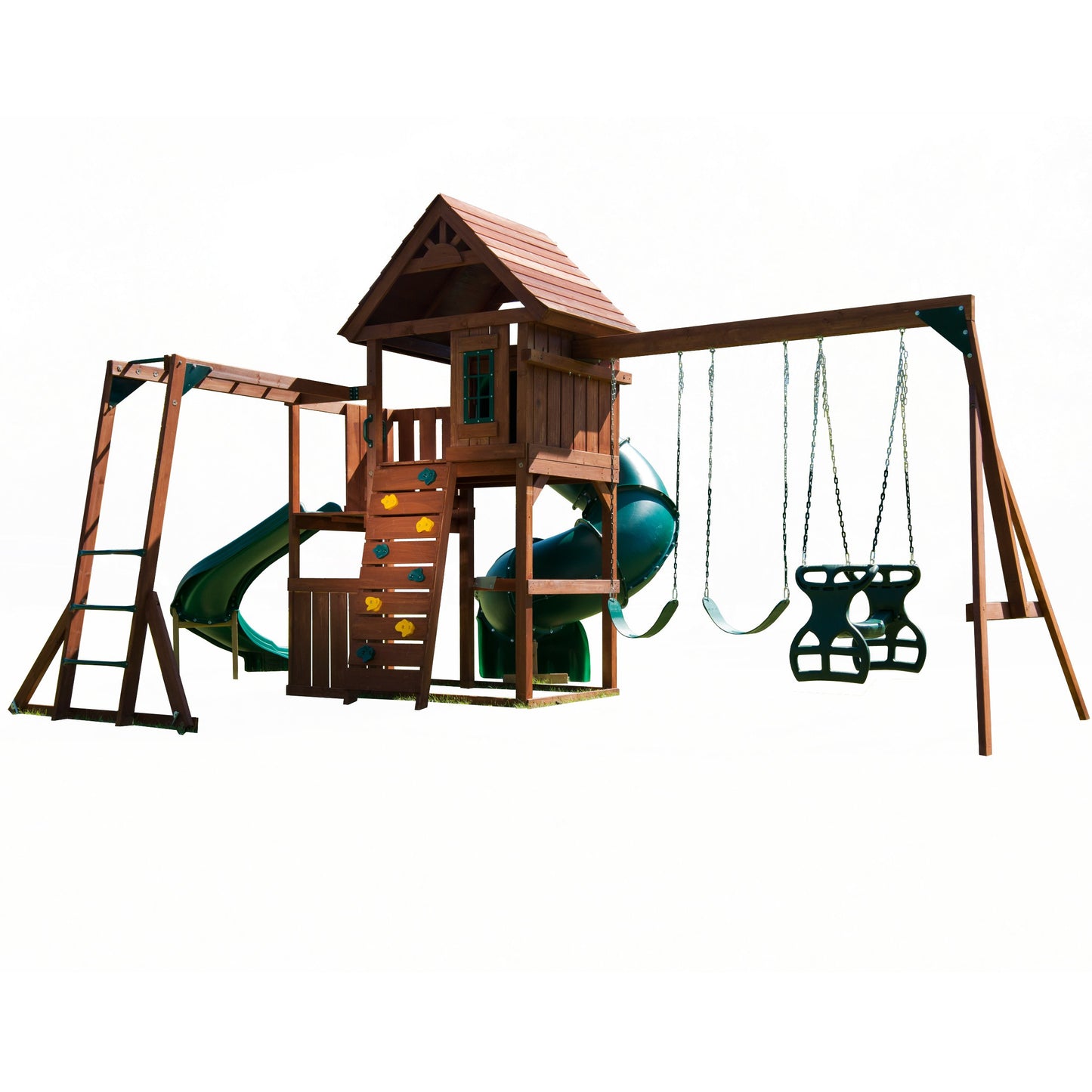 Swing-N-Slide Grandview Twist Play Set with Two Slides, Two Swings, Monkey Bars, Glider and Climbing Wall - WoodArtSupply