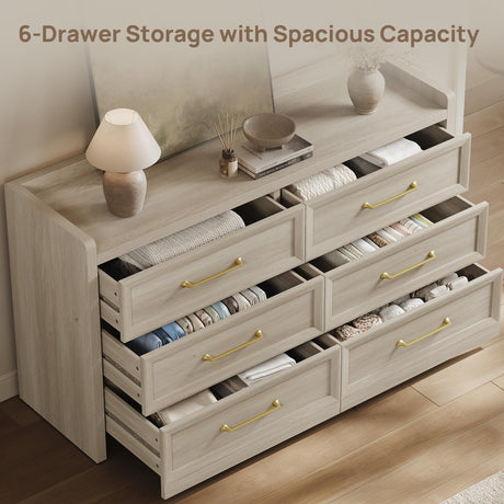 SICOTAS 6 Drawer Dresser for Bedroom-56.4" Extra-Wide Wooden Chest of Drawers with Large Storage, Long Dresser TV Stand with Drawers, Farmhouse Closet Dressers for Nursery Living Room, Grey White Oak SICOTAS