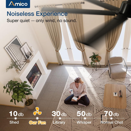 Amico Ceiling Fans without Lights, 72 inch Industrial Indoor/Outdoor Ceiling Fan with Remote Control, Reversible, 6 Blades, Noiseless, Black Ceiling Fan for Patio, Porch, Garage, shop, Farmhouse Amico