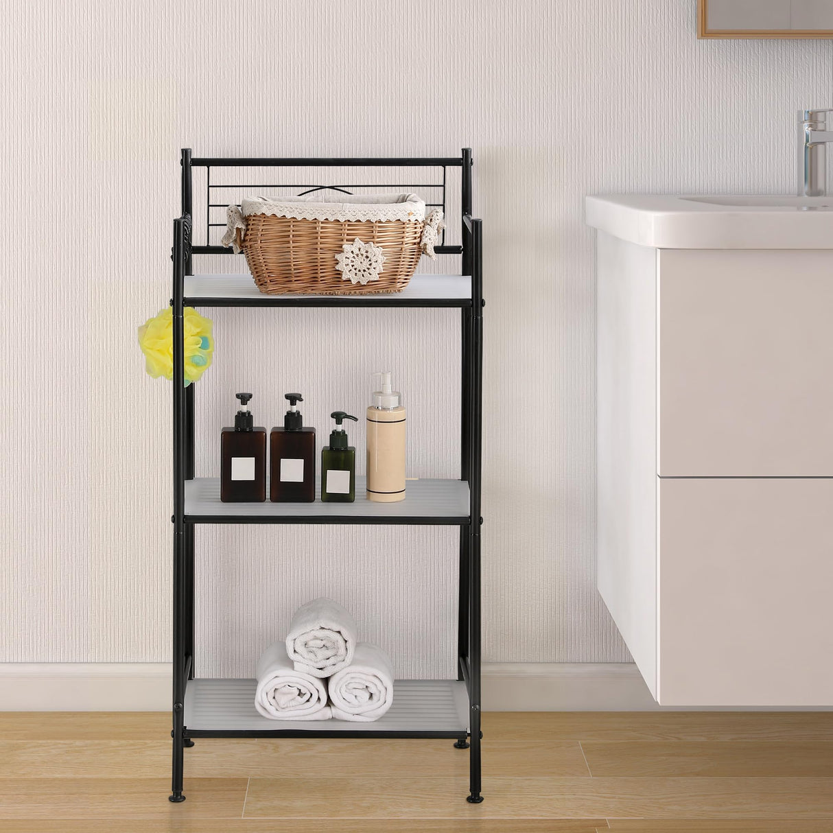 MallBoo 3-Tier Metal Freestanding Storage Shelf,Standing Bathroom Shelves with 3 x PP Shelf Liners and 4 x Hooks for Laundry Kitchen Office (Black) MallBoo