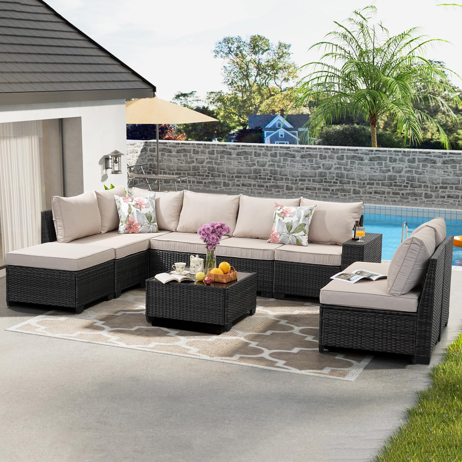 JOYURE 9 Pieces Patio Furniture Set All-Weather Outdoor Wicker Sectional Conversation Sofa Rattan Patio Seating Sofa with Cushion and Glass Table and Ottoman for Porch Poolside,Beige - WoodArtSupply