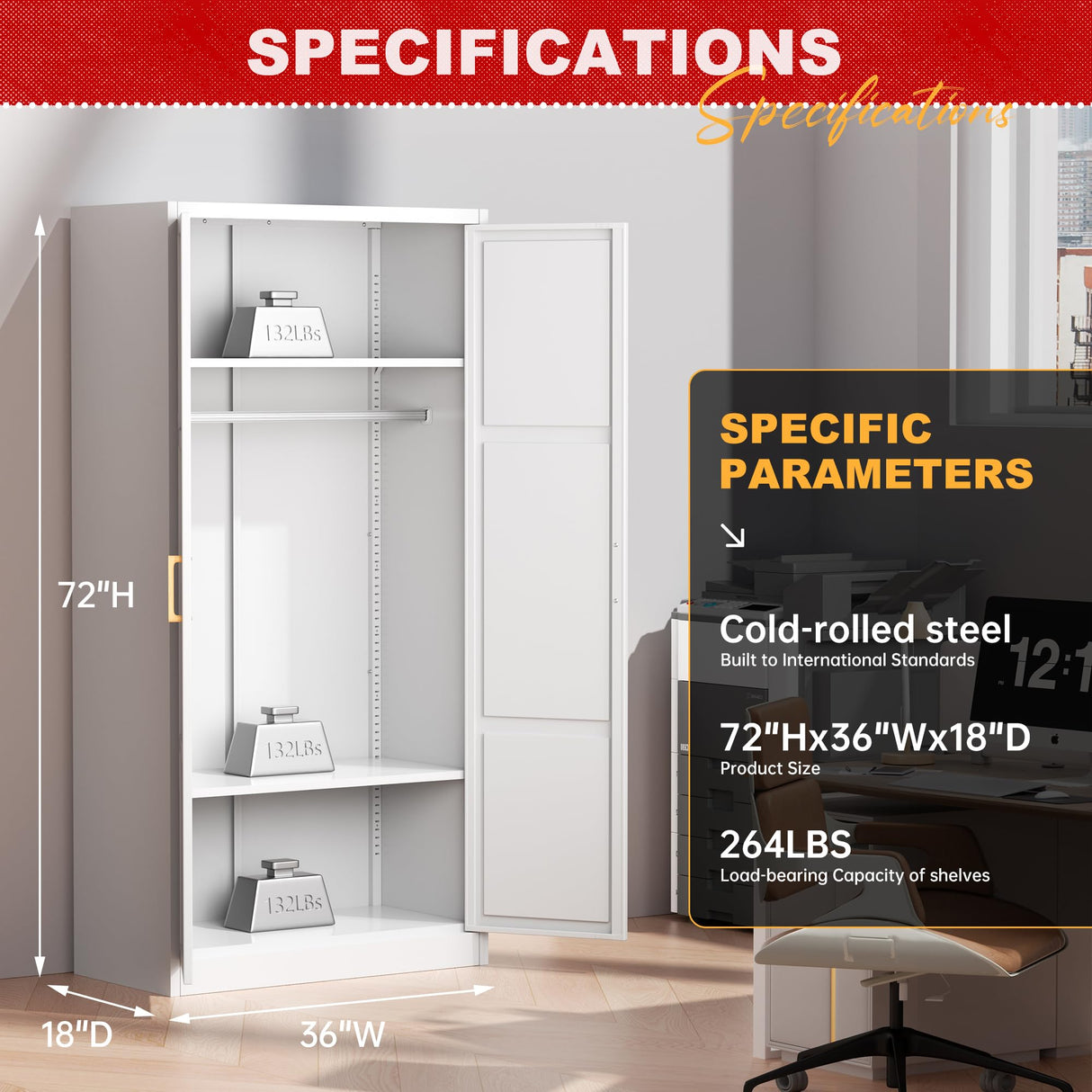 Superday Metal Wardrobe Closet, 72" H Bedroom Armoires with Wooden Handle, Storage Cabinet with Adjustable Shelves and Hanging Rods, Steel Storage Locker Closet for Home, Office, Employee, Gym (White) Superday