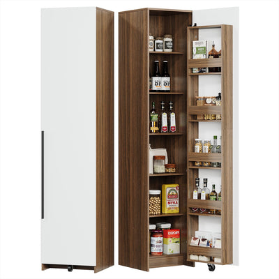 IRONCK 70" Pantry Storage Cabinet, Single Cabinet Pantry, Freestanding Tall Narrow Cupboard with 11 Adjustable Shelves for Dining Room, Living Room, Walnut and White