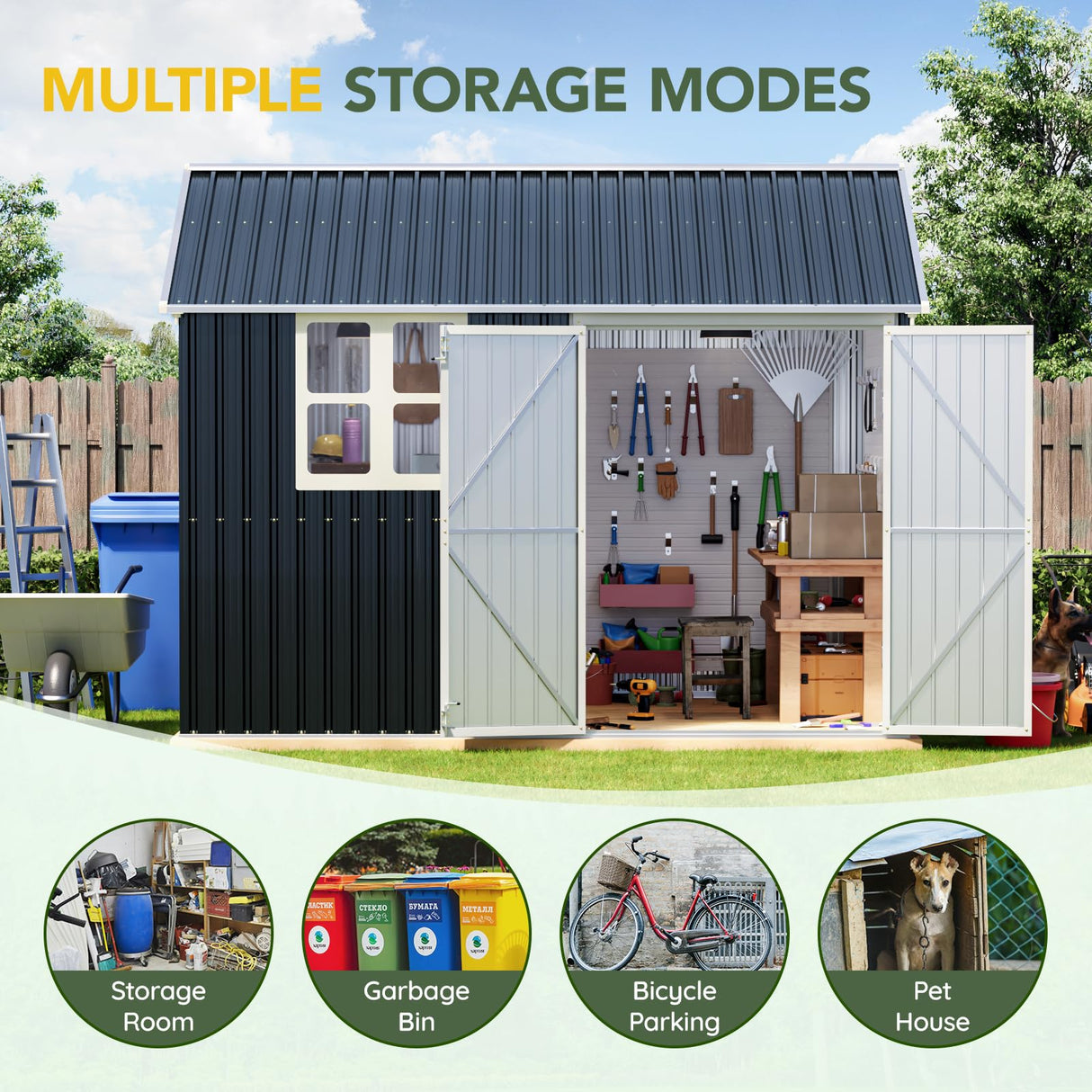 Breezz 8X10FT Outdoor Steel Storage Shed with Clear Window, Lockable Doors, Weather-Resistant Metal Tool Shed for Garden, Backyard, Patio, and Utility Storage.Nightblue BreezZ