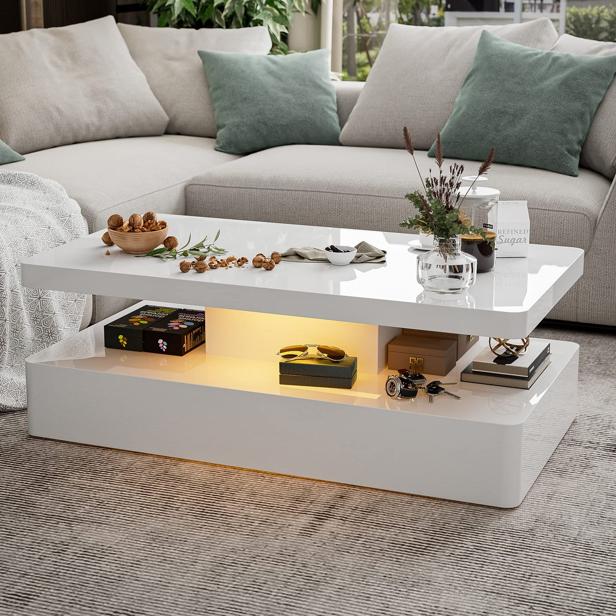 IKIFLY LED High Glossy Coffee Table, Modern Coffee Table for Living Room with 16 Colors LED Lights, 2 Tiers Rectangle Design, White IKIFLY
