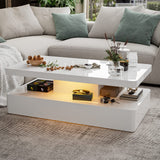 IKIFLY LED High Glossy Coffee Table, Modern Coffee Table for Living Room with 16 Colors LED Lights, 2 Tiers Rectangle Design, White IKIFLY