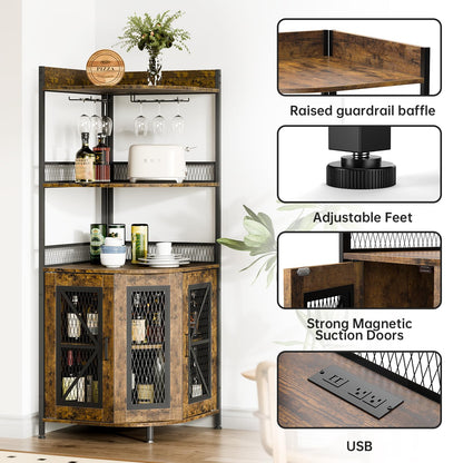 Corner Bar Cabinet with Charge Oult, 5-Tiers Wine Cabinet with LED Light and Glass Holder, Tall Home Liquor Cabinet for Living Room, Corner Display Cabinet for Home