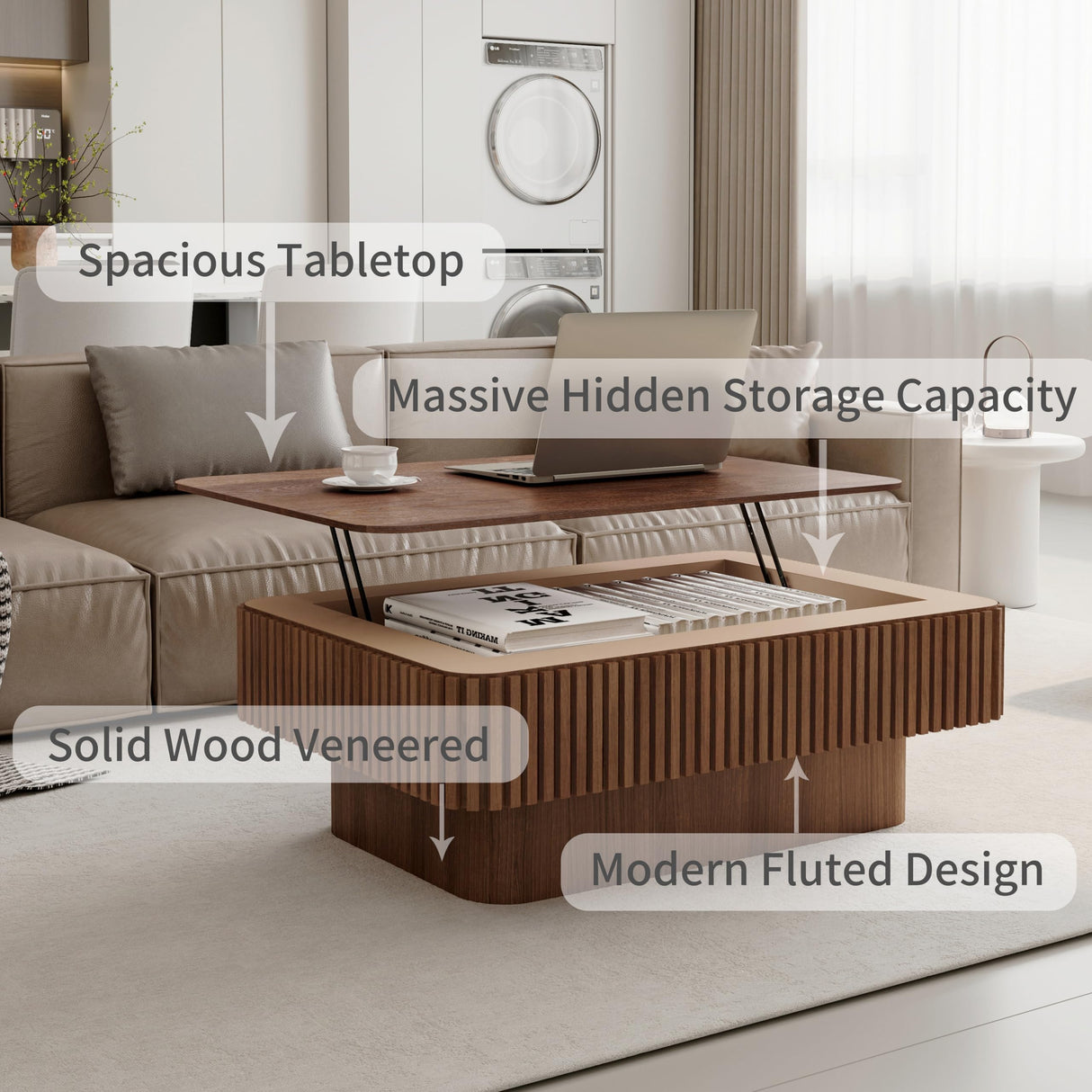Coffee Table with Lifting Top for Living Room,Mid Century Modern Wood Fluted Lift Top Coffee Tables with Storage,38.6'' Modern Smart Rectangular Lift Pull Up Tabletop for Apartment Office,Walnut BSYEIO