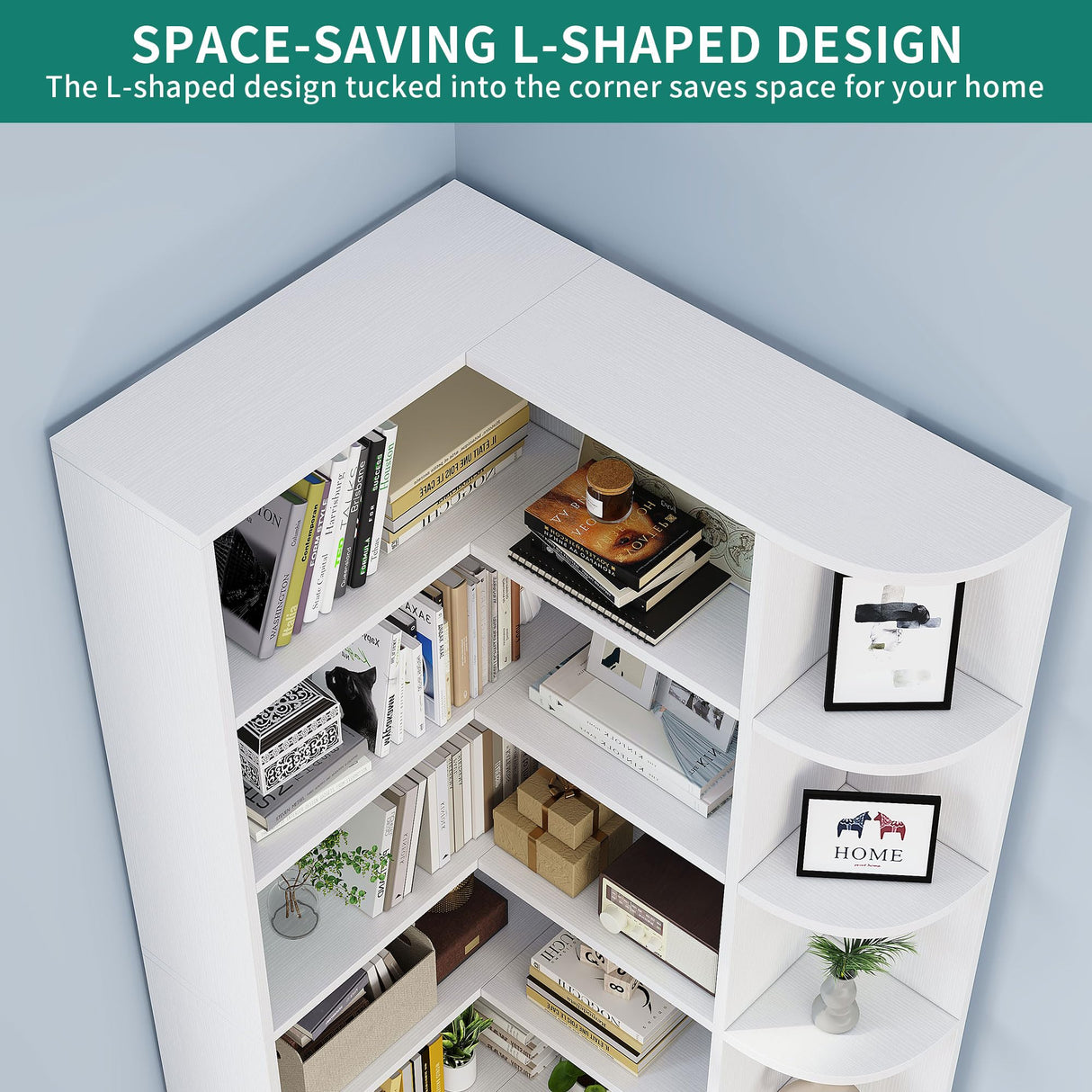 YITAHOME Corner Bookshelf with LED Light, 6 Tier Corner Shelf White Bookshelf L-Shaped Bookcase Storage Display Shelf for Home Office, Living Room, White YITAHOME