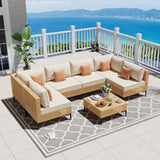 ABCASA Patio Furniture Set, 110" Large 7-Piece Wicker Outdoor Patio Furniture Sets with Coffee Table,Boho Patio Conversation Set Sectional Sofa with All-Weather Cushions for Backyard,Porch,Beige ABCASA