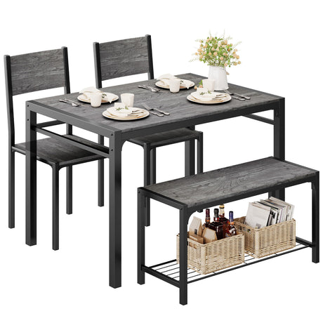 Shahoo Kitchen Table and 2 Chairs for 4 with Bench, 4 Piece Dining Sets for Small Space, Dark Grey Shahoo