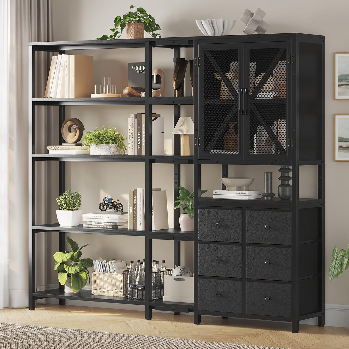 HAUOMS Corner Bookshelf, 5 Tier Industrial Convertible Bookshelf with 6 Fabric Drawers, Corner Bookcase Large L Shaped Storage Display Shelf for Home Office, Living Room, Kitchen, Black HAUOMS