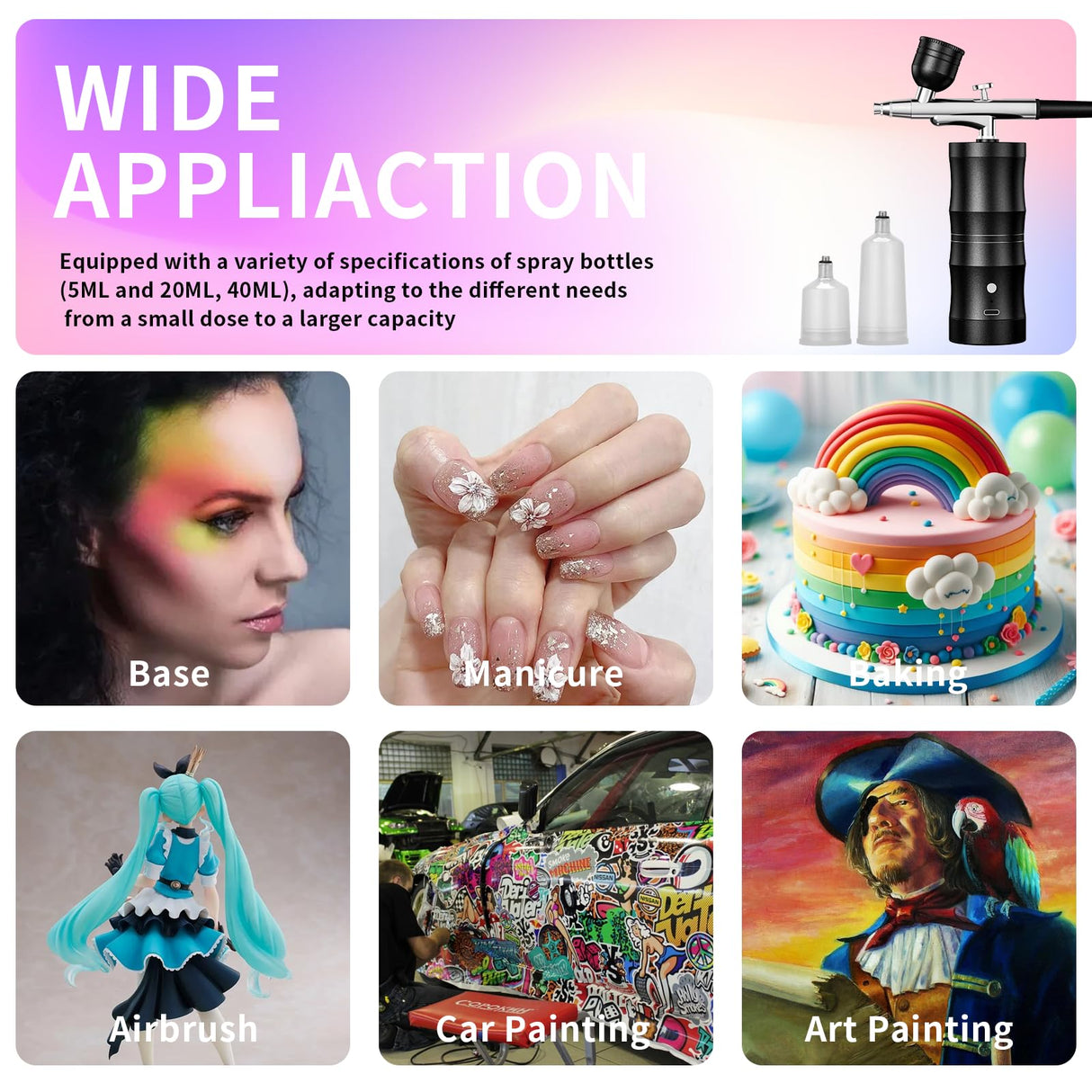 Airbrush Kit with Compressor Portable Airbrush Kit 48PSI High-Pressure Non-Clogging Air Brush Set Cordless Rechargeable with 0.3mm Nozzle and Cleaning Brush for Painting,Nail Art, Makeup (Black) CBVCBV