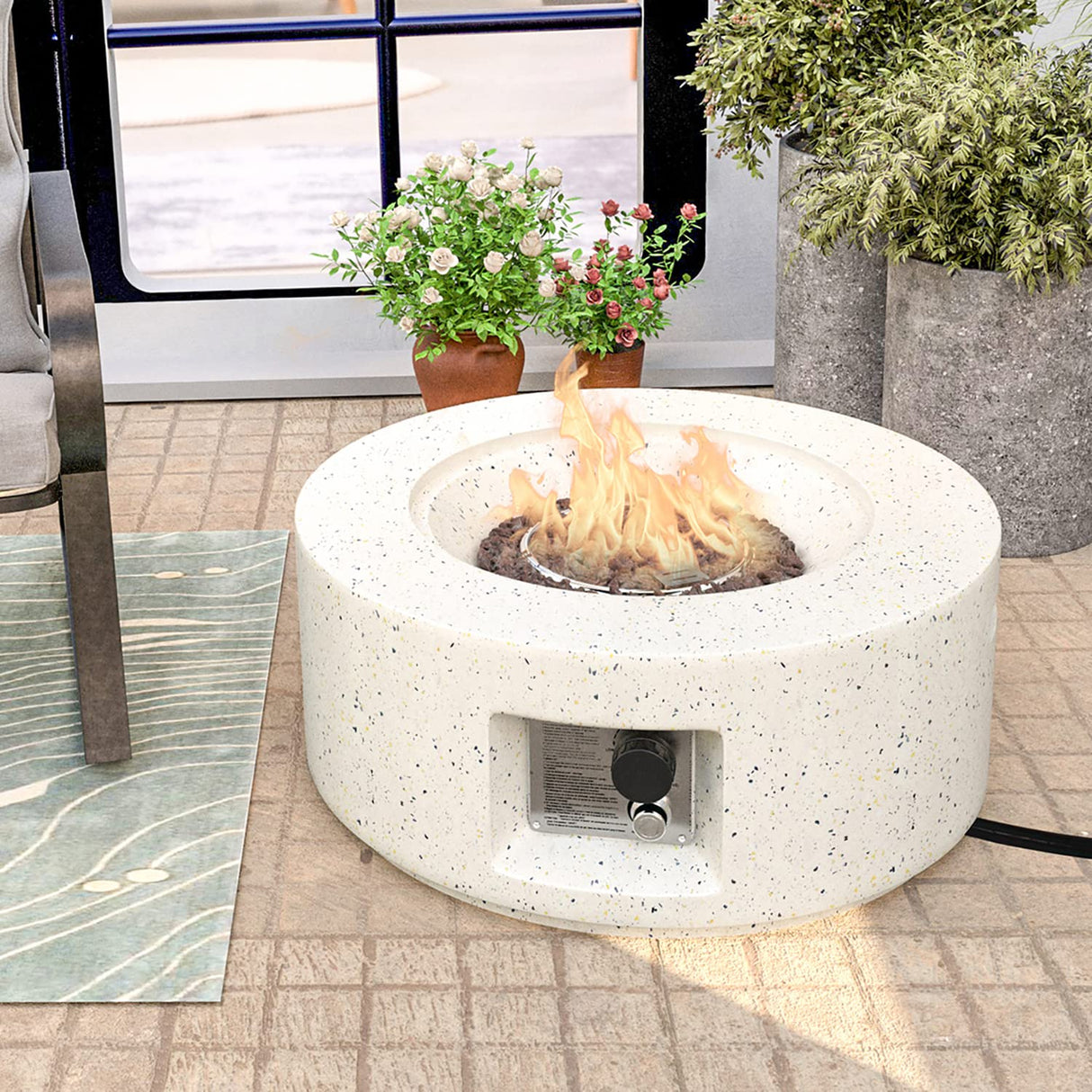 HOMPUS Outdoor Propane Fire Pit, 40,000 BTU 28-inch Round White Terrazzo Concrete Fire Table Gas Fire Pit w Lava Rocks and Rain Cover for Outdoor, Deck or Backyard HOMPUS
