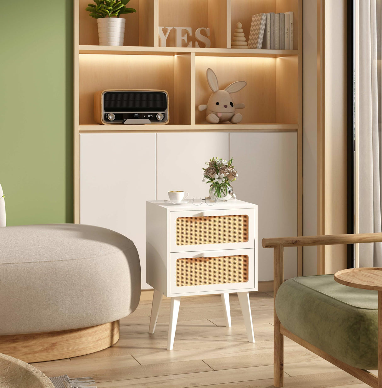 YAUKOMEL Rattan Nightstand, Wood End Table, Side Table with 2 Hand Made Rattan Decorated Drawers,Boho Bedside Table,Wood Accent Table with Storage for Livingroom, Bedroom, White CTG59W YAUKOMEL