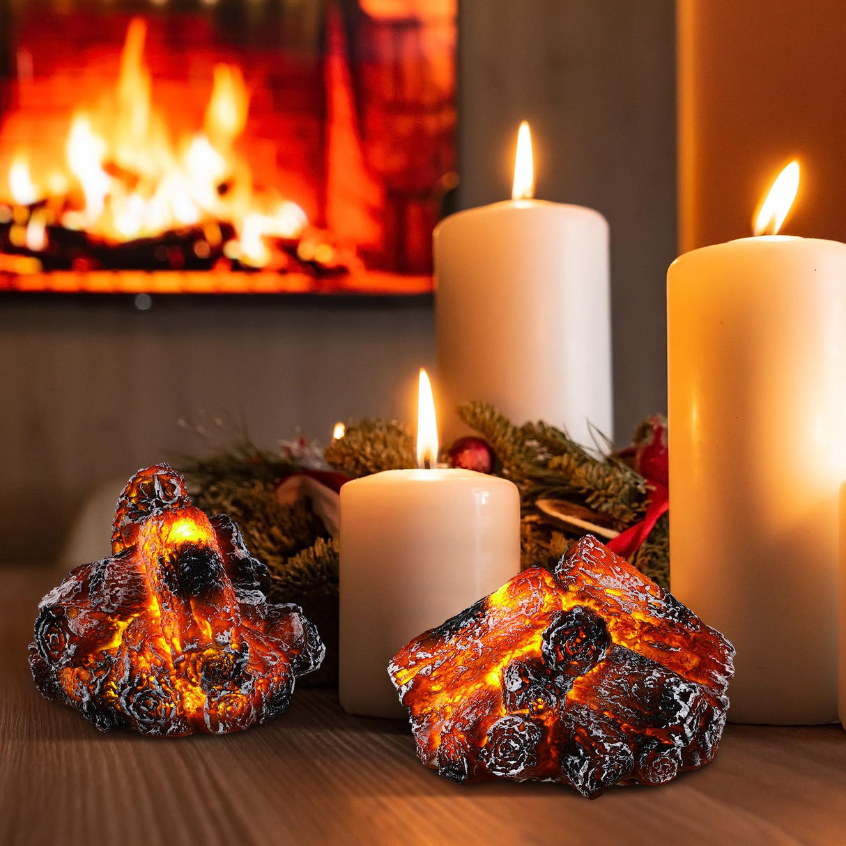 Glooglitter 3 Pcs Flameless Fireplace Lights 3D Artificial Wood Burning Flame with Realistic Log Artificial Fire Flames Simulation Charcoal Flame Lamp for Christmas Home Decor Glooglitter