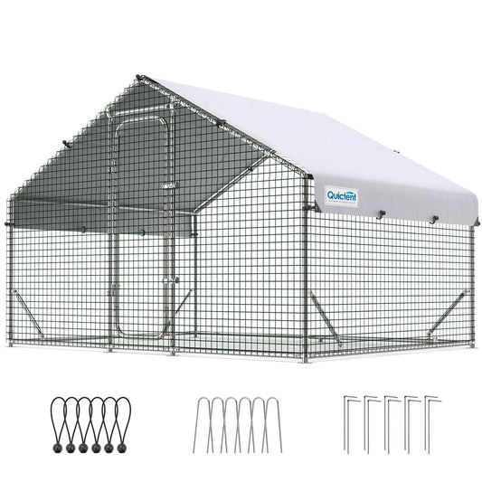 Quictent Large Metal Chicken Coop Run for 10+ Poultry with Galvanized Hardware Cloth and Waterproof Roof Cover, Outdoor Walk-in Cage Peak Hen House for Yard Farm, 6.6x9x6.6FT