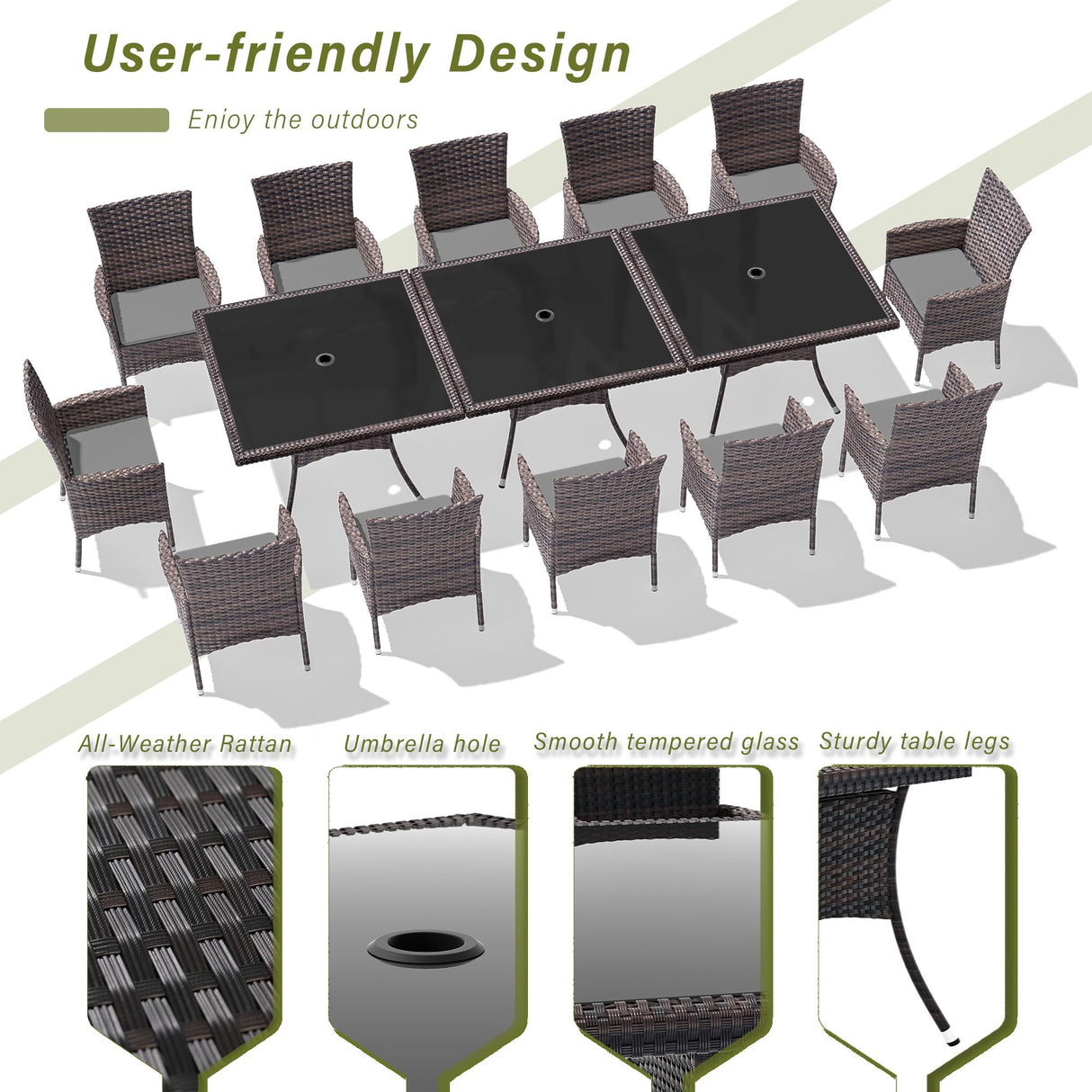 RTDTD 15 Pieces Patio Dining Set Outdoor Rattan Furniture Dinning Set with 3 Square Glass Tabletops 12 Chairs with Grey Cushions for Patio, Backyard Outdoor Kitchen Lawn & Garden RTDTD