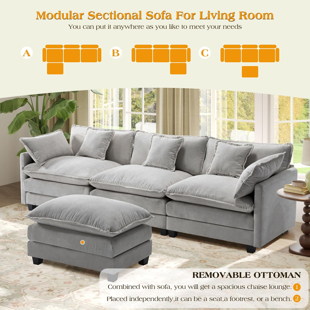 113.4" Modular Sectional Sofa,L Shaped Couch for Living Room,Modern Deep Seat Sofa 3 Seater Chenille Fabric Comfy Cloud Couches with Throw Pillows & Movable Ottoman Hanherry