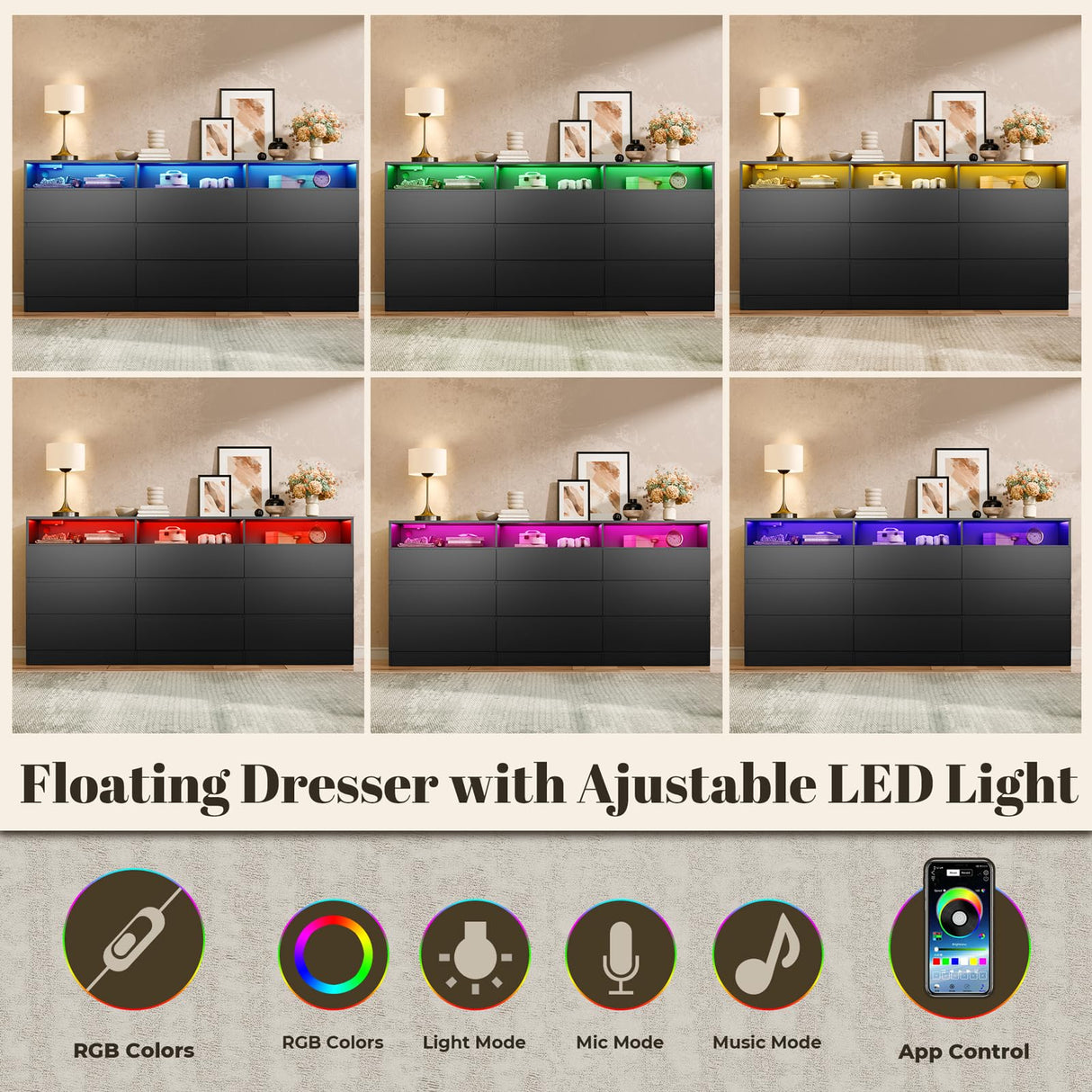 STIKELY 9 Drawer Dresser for Bedroom with Power Outlet and LED Light, Black Dresser Chest of Drawers for Closet, Modern Dressers Organizer Cabinet for Living Room, Entryway, Hallway STIKELY