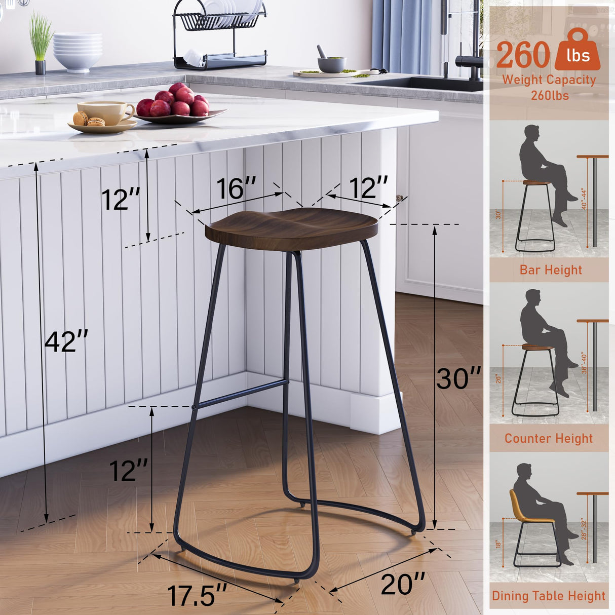 HeuGah Bar Stools Set of 4, Saddle Seat Wooden Barstools for Kitchen Island, 30" Brown Bar Height Stools with Footrest (Brown, 4 PCS 30Inch Barstool) HeuGah