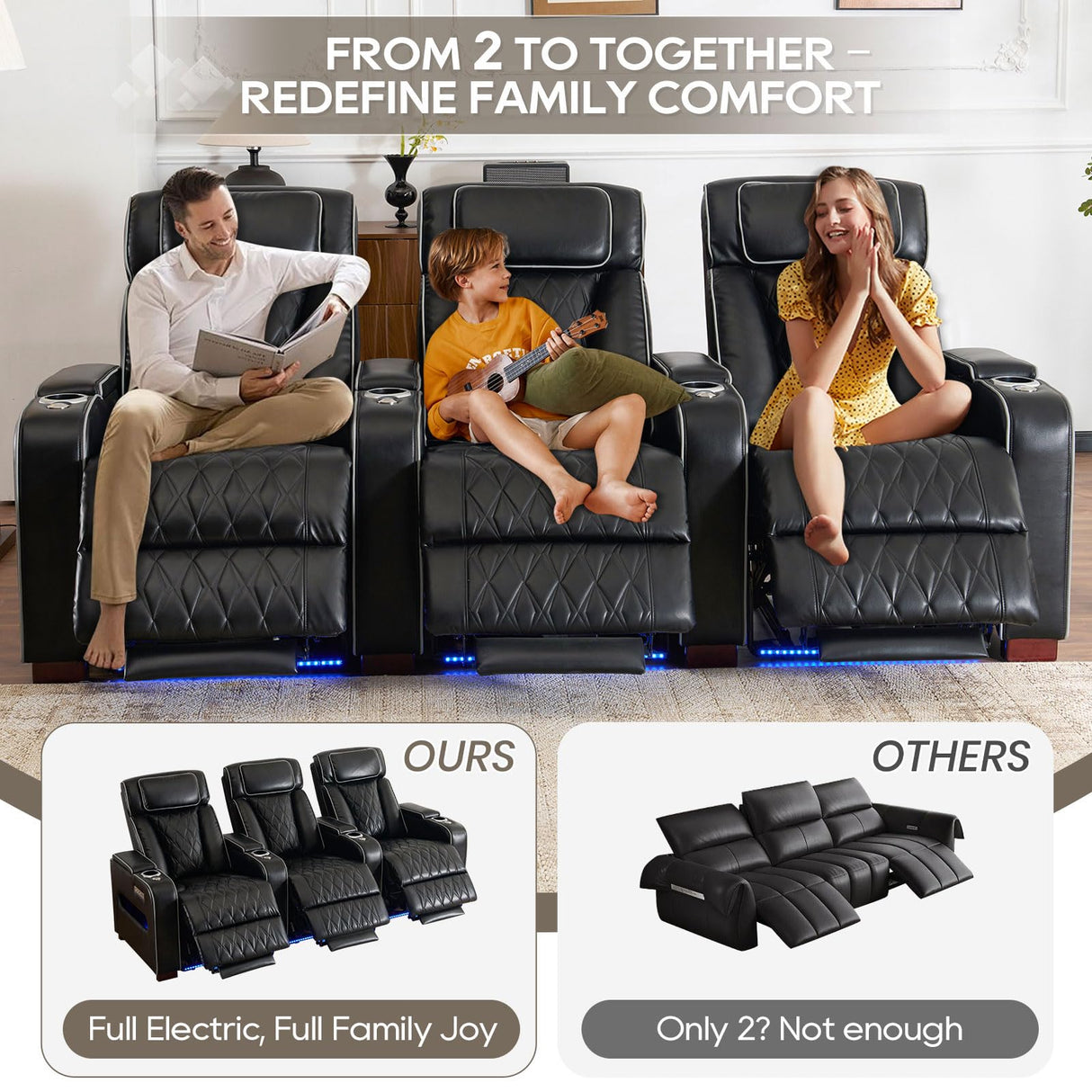CALIVIA Luxury Home Theater Seating – Power Recliner with Adjustable Headrests, Blue LED Ambient Lighting, Tray Table, USB & Type-C Charging (Black,2 Seat) CALIVIA