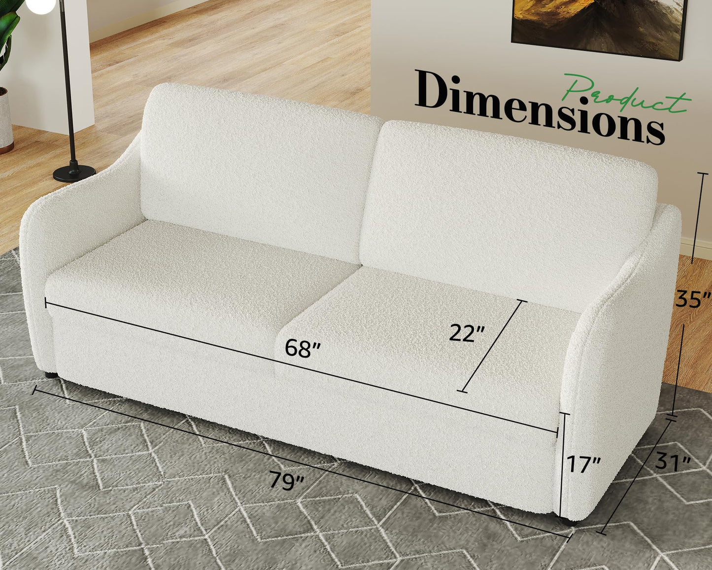 VanAcc Modern Sofa, 3 Seater Sofa with Curved Armrest, Extra Deep Sofa with Bridgewater Style, Comfy Sofa Couch for Living Room, Boucle White Couch