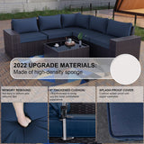 Kullavik Outdoor Patio Furniture Set 12 Pieces Sectional Rattan Sofa Set Brown PE Rattan Wicker Patio Conversation Set with 10 Navy Blue Seat Cushions and 2 Tempered Glass Table Kullavik