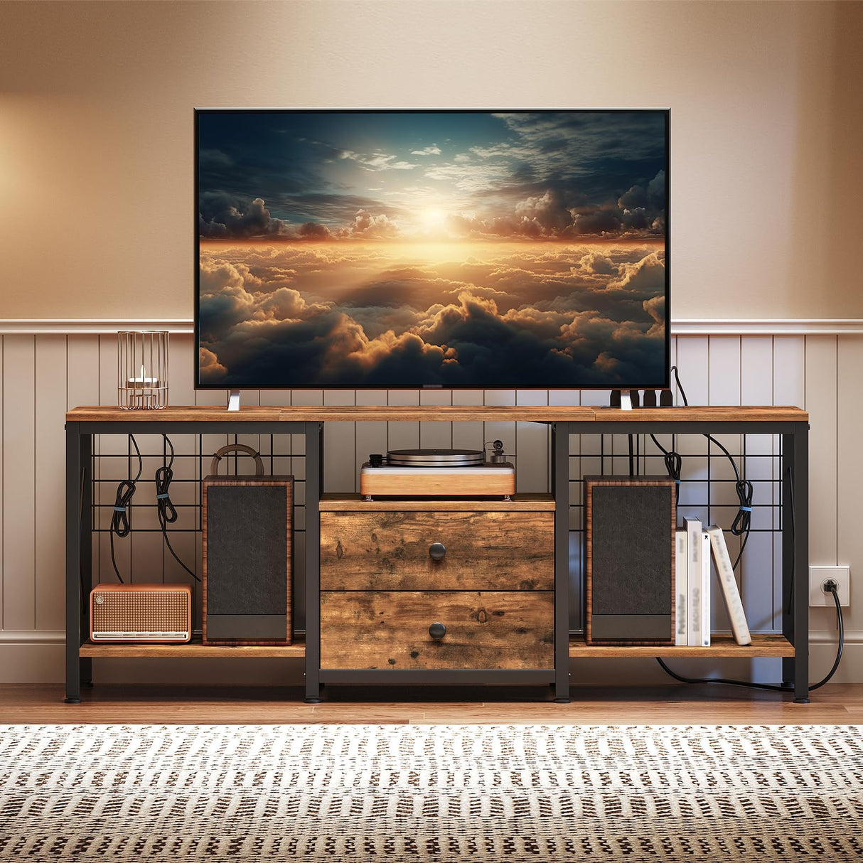 YATINEY TV Stand with Power Outlet for 65 Inch, Entertainment Center with 2 Fabric Drawers, TV Console Table with Open Storage Shelves for TVs, Cable Management, for Living Room, Bedroom, DS14UBR YATINEY