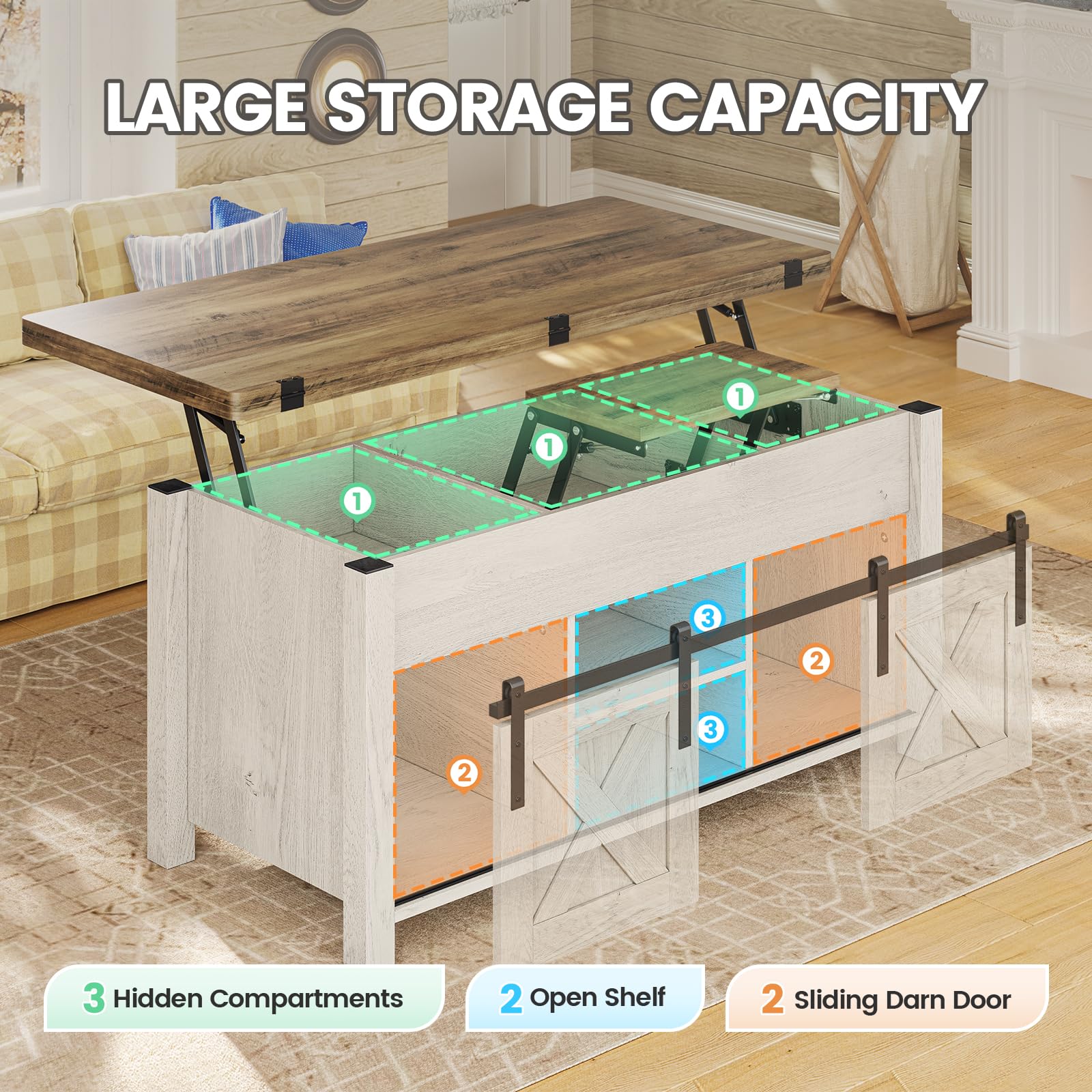 SEDETA Lift Top Coffee Table, 4 in 1 Multi-Function Convertible Coffee Tables with Storage and Hidden Compartment, Farmhouse Coffee Table Converts to Dining Table for Living Room, Brown Top - WoodArtSupply