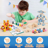 Mocoosy 4 Wooden Robot Toys for Kids Ages 3-5, Building & Painting Your Own Robot Craft Kit with Paints and Stickers, Wood Robot Painting Art Supplies Educational Gift for 6 8 10 12 Years Old Mocoosy