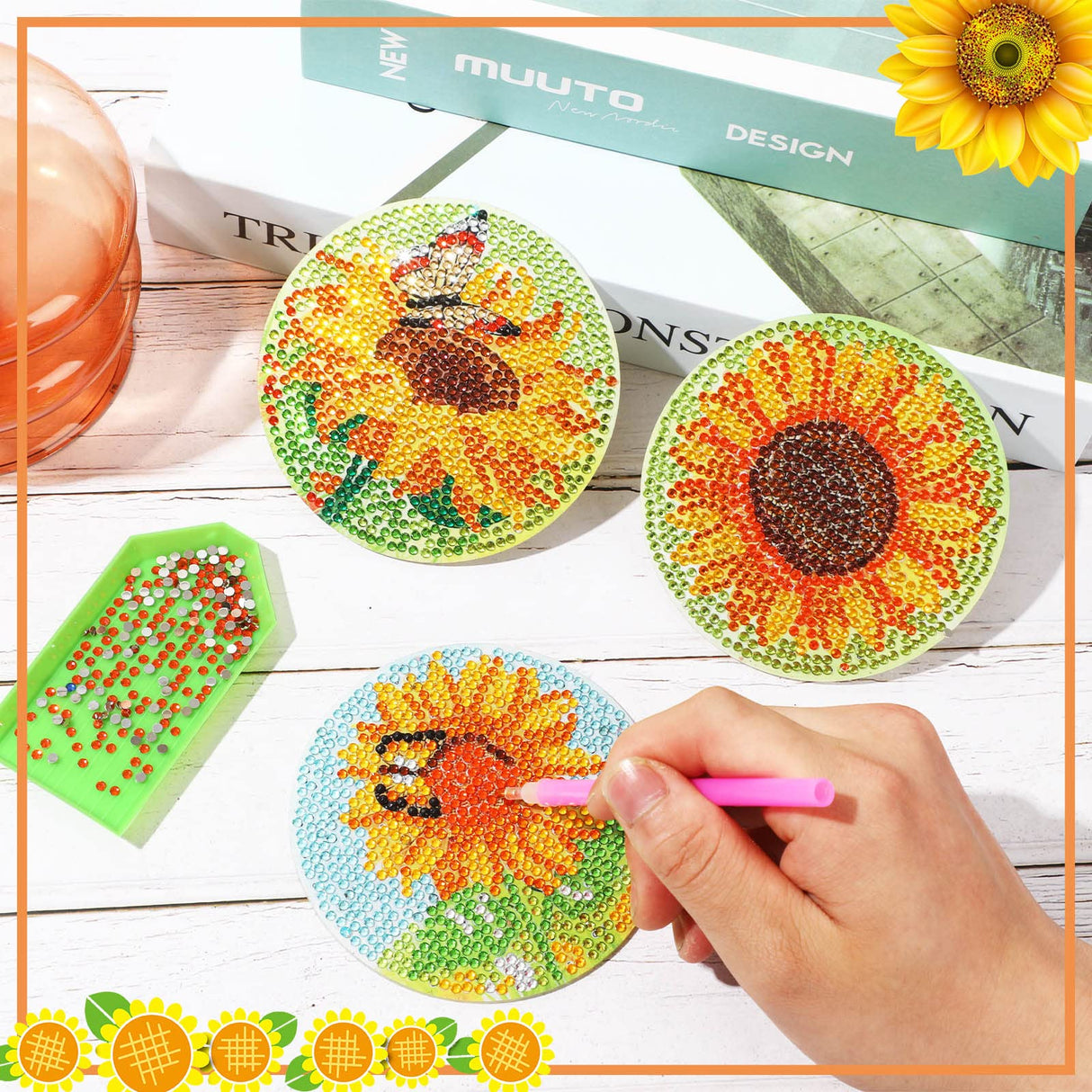 UPINS 8Pcs Sunflower Diamond Art Painting Coasters for Drinks DIY Coaster Diamond Art Kits for Adults Diamond Art Craft Supplies (Sunflower) UPINS