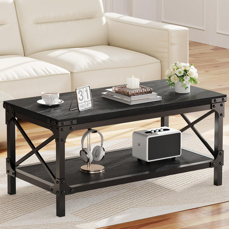 Rectangle Coffee Tables for Living Room, Wood Rectangular Coffee Table, 2 Tier Industrial Modern Center Table with Thickened Tabletop and Metal Frame, 40 inch Long (Black) AntsandAnts