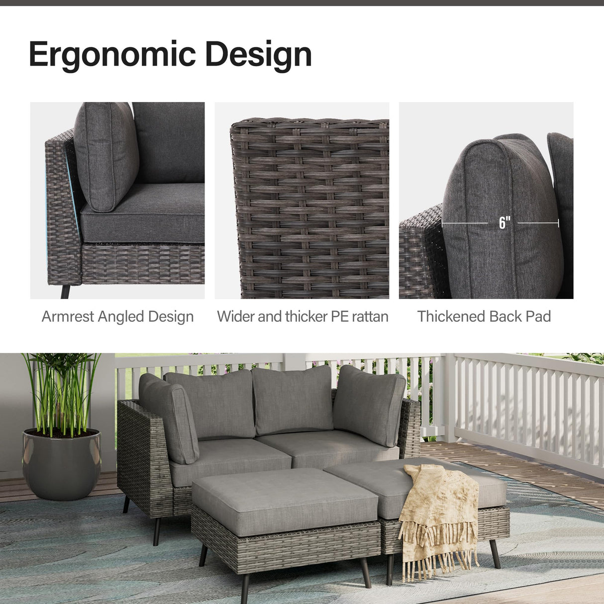 LAUSAINT HOME Outdoor Patio Furniture, 4 Piece Outdoor Sectional Sofa PE Rattan Wicker Patio Conversation Sets, All Weather Patio Furniture Set with Thick Cushions for Garden, Backyard(Grey) LAUSAINT HOME