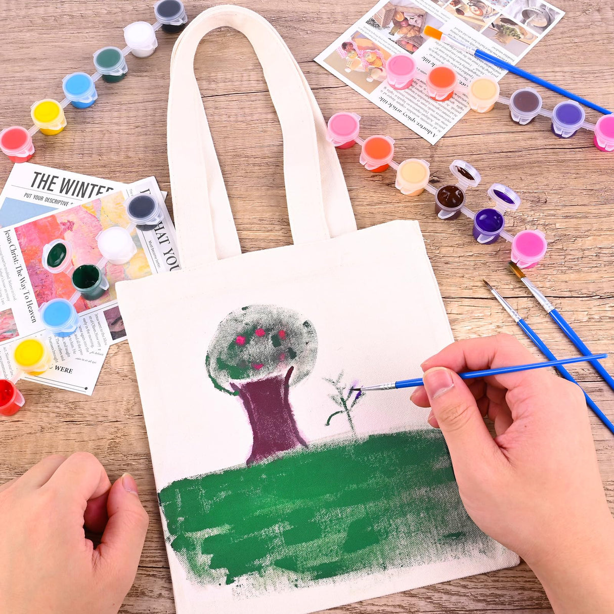 Zioffiel Small Canvas Tote Bags Bulk 24 Pack, Sublimation Tote Bags Blank with Acrylic Paint Set, Reusable Cotton Canvas Bags with Handles, Mini Tote Bag To Decorate DIY Crafts, 8"x8.6" Zioffiel