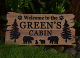 Custom Cabin Sign Custom Wood Sign, Personalized Bear Family In Woods Cabin Signs, Welcome Sign, Large Outdoor Wooden Last Name Sign, Lake House Generic