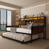 Daybed with Trundle and LED Light, Farmhouse Twin Daybed Frame with Storage Headboard & Charging Station, Heavy Duty Metal Day Bed with Sliding Barn Door for Living Room,Bedroom (Rustic Brown, Twin) HMYFGD