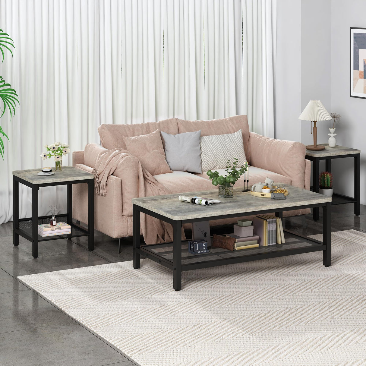 AWQM Coffee Table Set of 3, Industrial Coffee Table with 2 Square End Side Tables, Modern Living Room Table Set with Metal Frame for Apartment Home Office, Grey AWQM