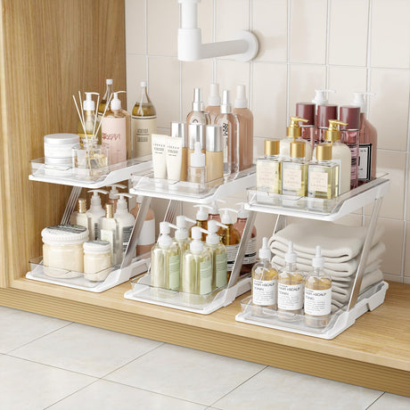 AUGBEAN 3 Pack Bathroom Organizers and Storage - Multi-Purpose,2-Tier Clear Pull Out Organization for Bathroom,Under Sink,Kitchen,Vanity,Countertop,Cabinet,Pantry & Medicine Cabinet,White AUGBEAN