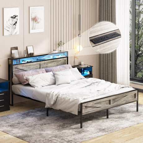 Halitaa King Size LED Bed Frame with Charging Station and Storage - Wash Grey Halitaa