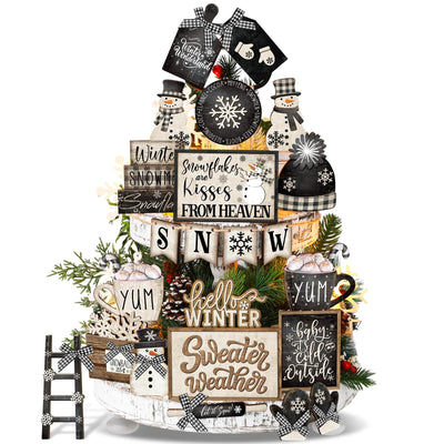 CroBlissful 24 Pcs Christmas Winter Tiered Tray Decor Snowman Farmhouse Decor Christmas Winter Snowflake Snowman Table Centerpieces Hello Winter Wood Blocks Signs for Home Decor, Without Tray