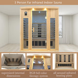 KUNSANA 3 Person Infrared Sauna, Ceramic Infrared Sauna 3 Person, Far Infrared Saunas for Home, Low EMF Infrared Indoor Sauna, Hemlock Wooded Sauna Room, Bluetooth Speakers, Chromotherapy Lights KUNSANA