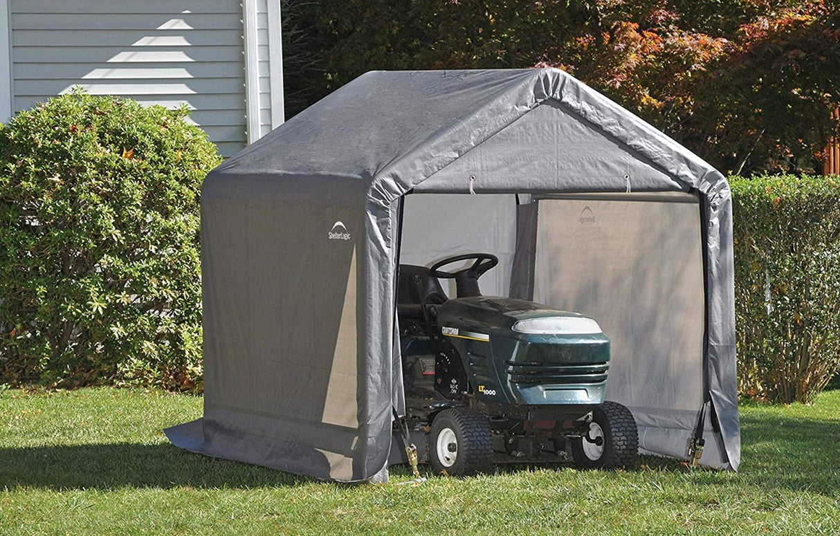 ShelterLogic 6' x 6' Shed-in-a-Box All Season Steel Metal Frame Peak Roof Outdoor Storage Shed with Waterproof Cover and Heavy Duty Reusable Auger Anchors, Grey ShelterLogic