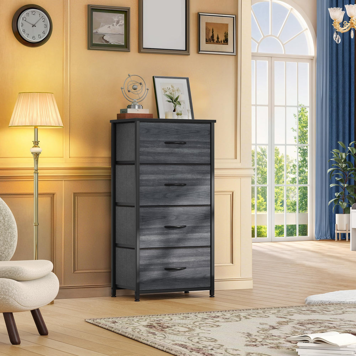 DWVO 4 Drawers Dresser, Dresser for Bedroom, Fabric Storage Tower, Chest of Drawers, Organizer Unit for Closets, Living Room, Sturdy Steel Frame, Wooden Top, Easy Pull Fabric Bins DWVO