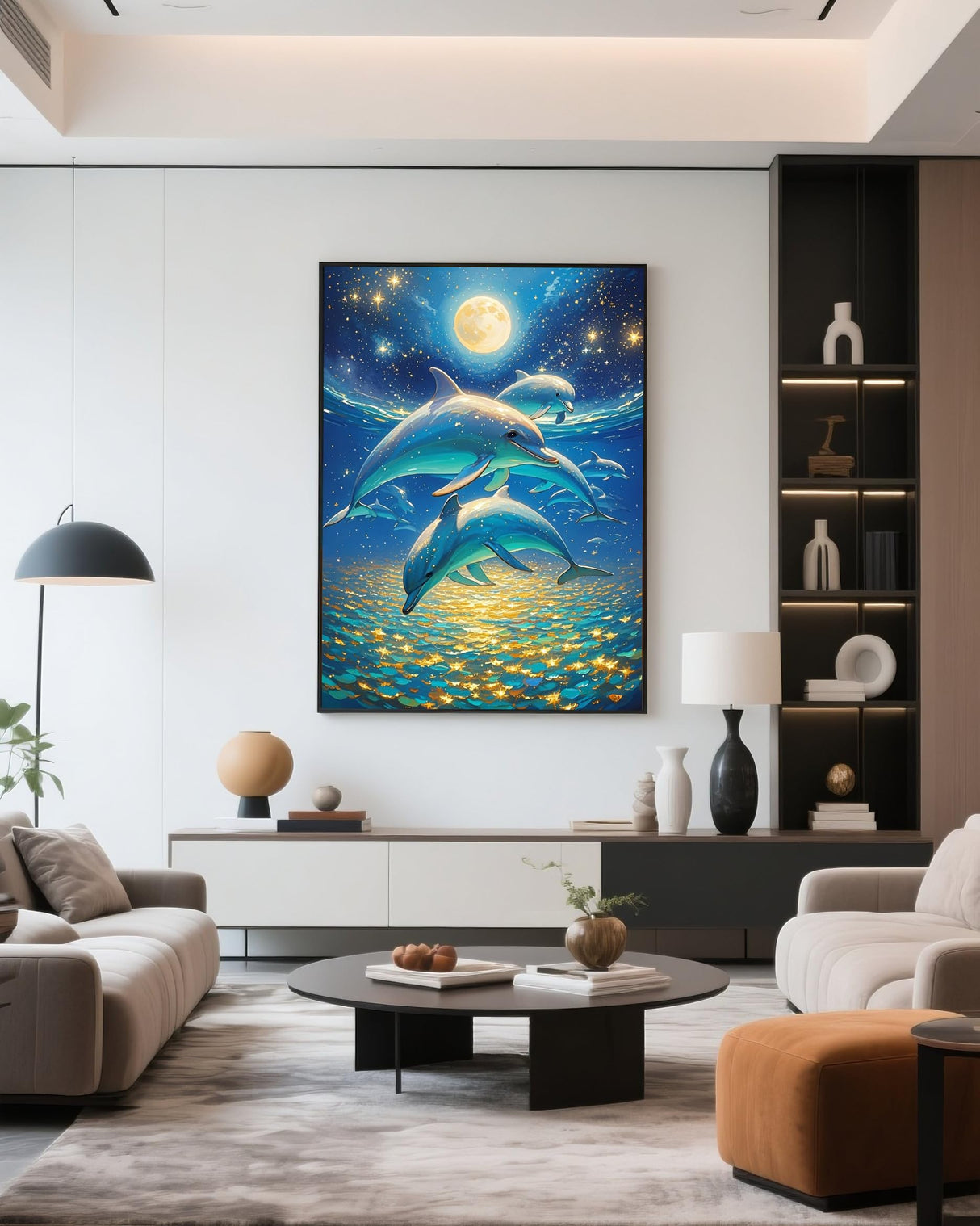 Dolphin 5D Diamond Painting Kit for Adults，Moonlit Ocean Full Drill DIY Round Gem Art Diamond Art Kits Painting Crafts Ideal for Beginners and Home Wall Decor 12X16inch PUSHPIN PAINTING