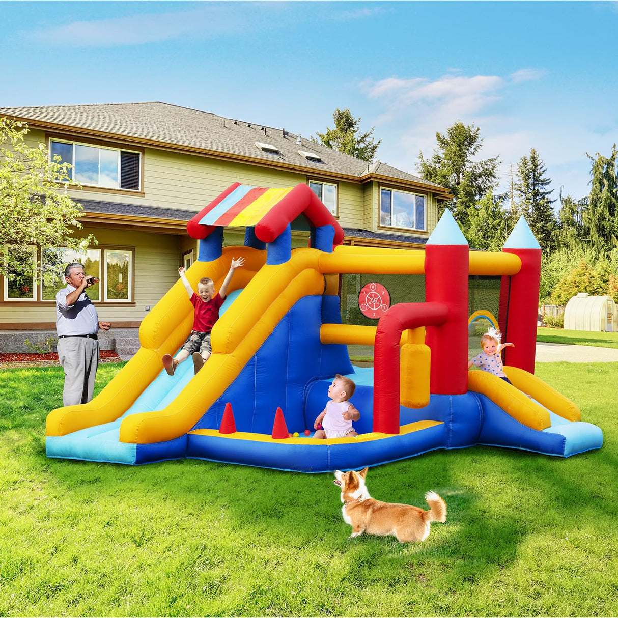 Inflatable Bounce House for Kids Outdoor 9 in 1 Large Bounce Castle for Toddlers Indoor Backyard Big Jump Bouncy House with Blower, Two Slide, Ball Pit, Basketball, Boxing, Climbing, 11.38x10.2FT AONESY